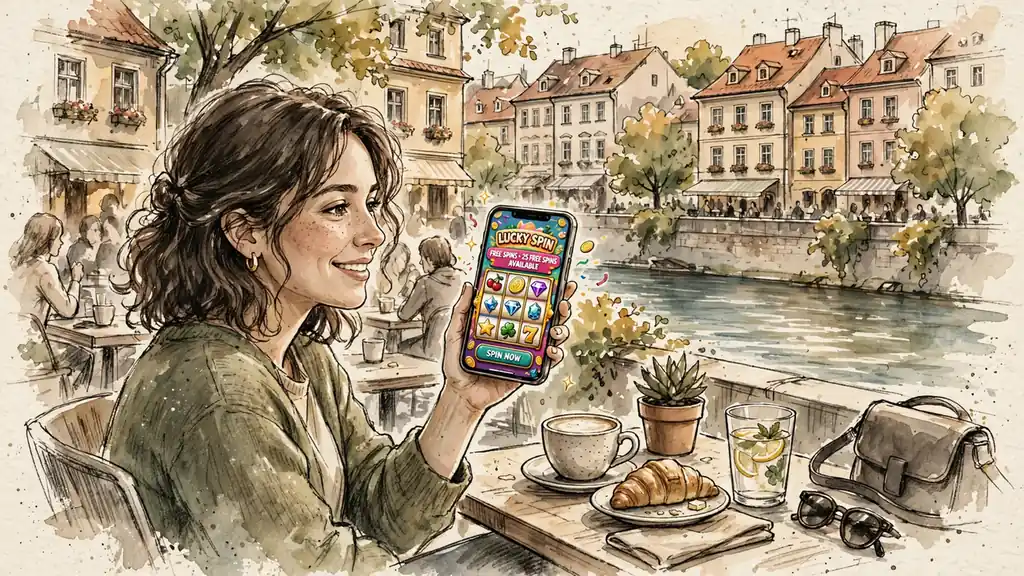 Mladá žena s telefonem v pražské kavárně, sluneční světlo