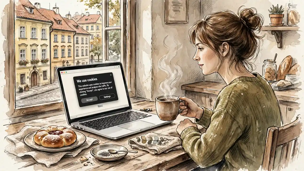 Žena u stolu s kávou a upozorněním na cookies