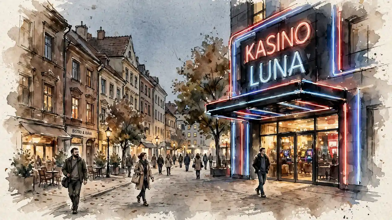 Noční pohled na kasino v českém městě s neonovým osvětlením