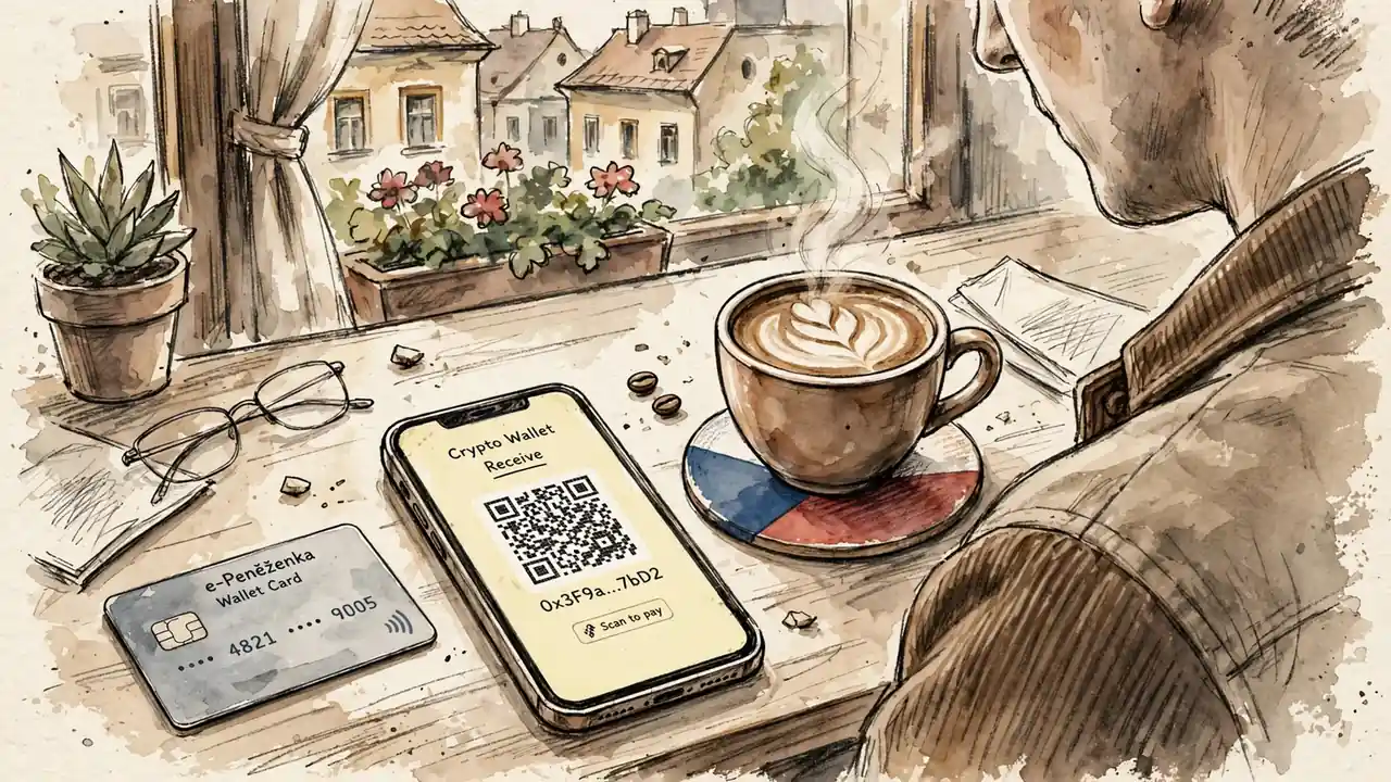Smartphone s QR kódem pro kryptopeněženku