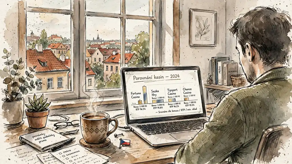 Moderní kancelář s výhledem na Prahu a laptopem