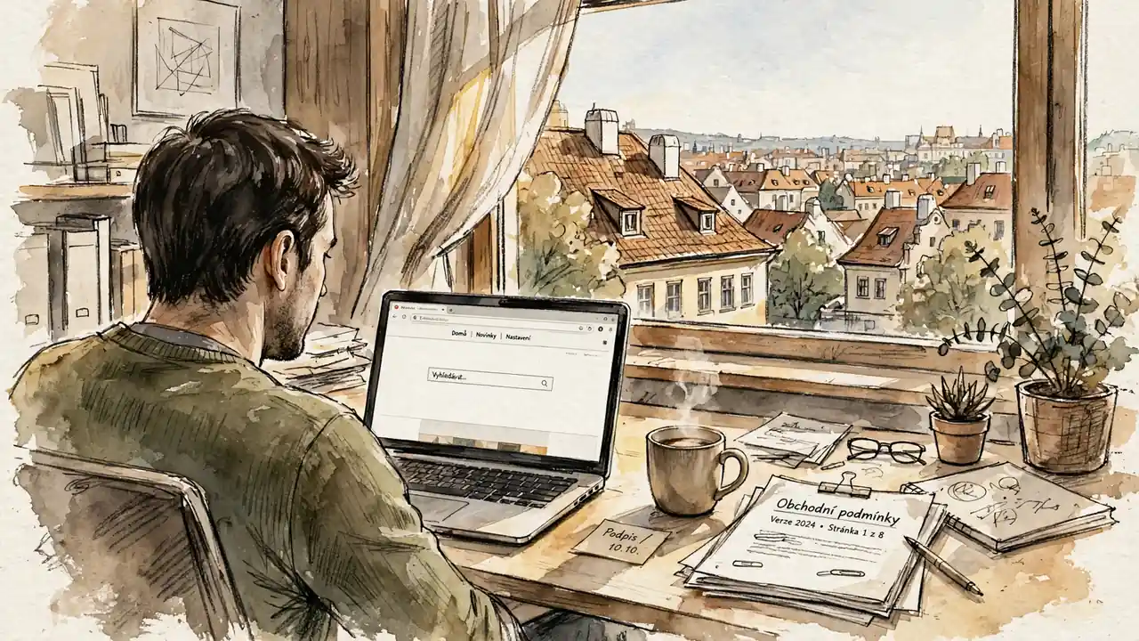 Moderní kancelář v Praze s dokumenty obchodních podmínek