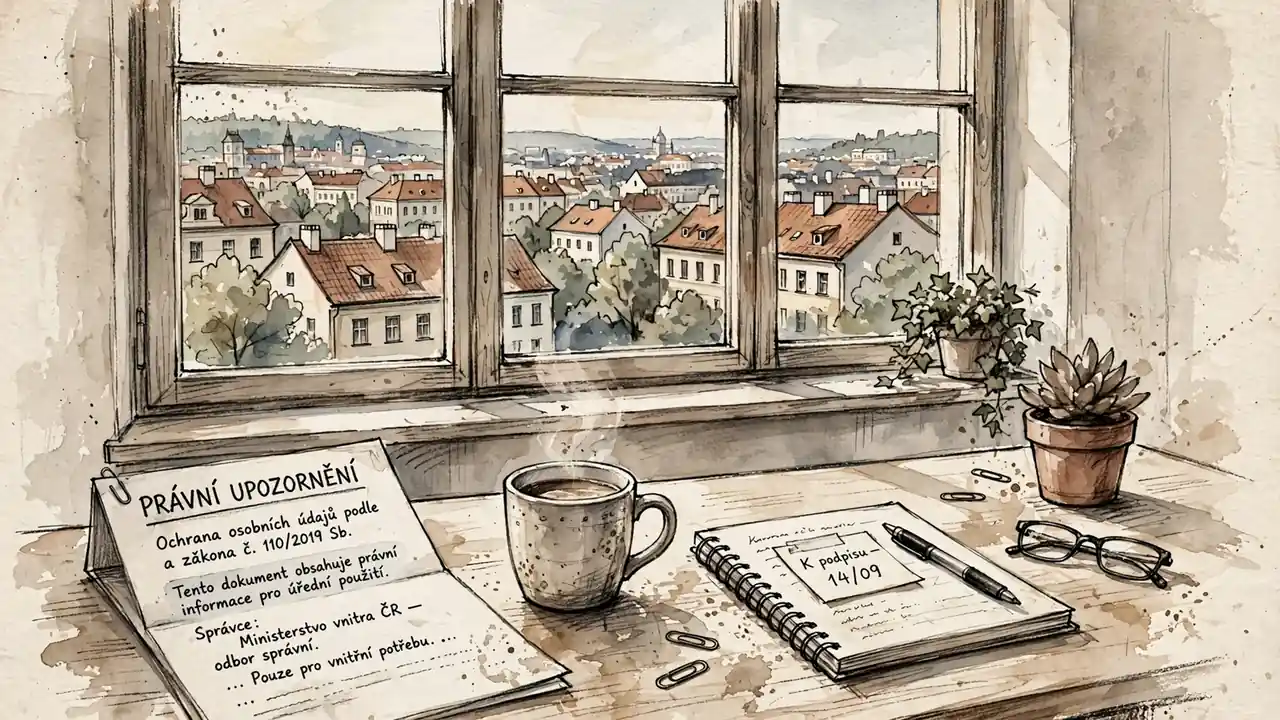 Kancelářský stůl s dokumentem o vyloučení odpovědnosti a výhledem na Prahu